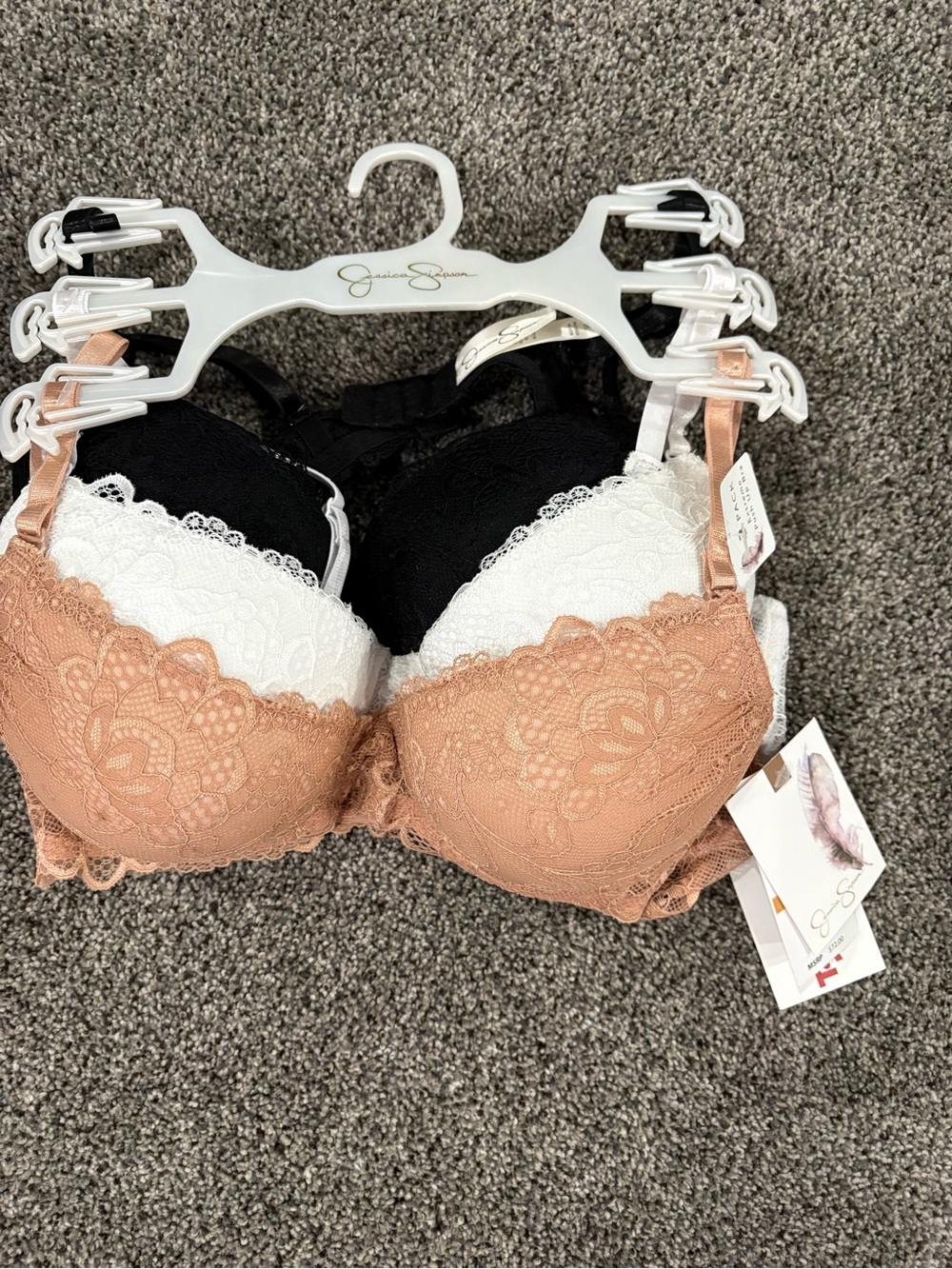 3 Bras- Jessica Simpson Lace Push-Up Bra Set - Black, White, Tan